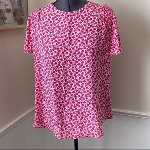 ANN TAYLOR Floral Print Blouse Pink White Short Sleeve Sz S EUC